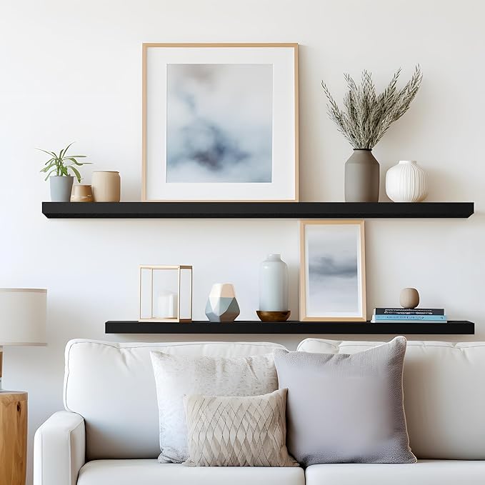 LaVie Home Floating Shelves, 47 Inch Wall Shelf Set of 2, Hanging Shelf with Invisible Brackets, Wall Decor for Bathroom, Bedroom, Living Room, Kitchen Storage,Classic Black