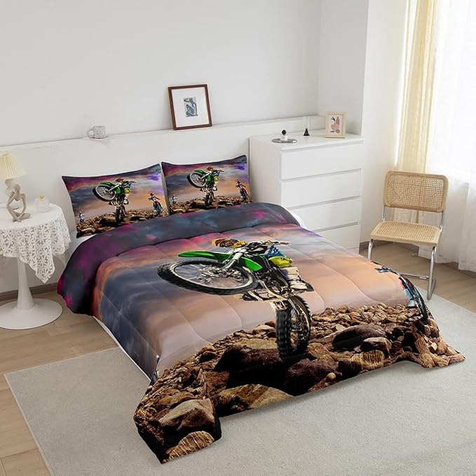 Dirt Bike Comforter Set for Boys Bedroom Motocross Rider Extreme Sports Duvet Insert Mountain Bike Bedding Quilted Set Kids Motorcycle Motorbike Down Comforter,Soft Lightweight for All Season,Full