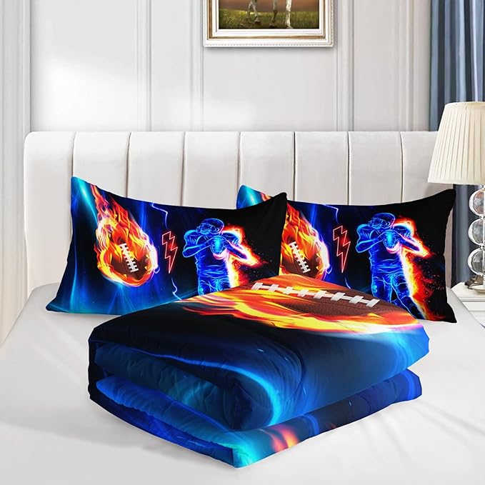 Axolotl Football Comforter Full,Cool Blue Football Bedding Sports Theme Comforter Set for Boys,3D Rugby Sports Bedding Set Football Player On Fire for Boys Kids Teens,1 Quilt 2 Pillowcases,Black Blue