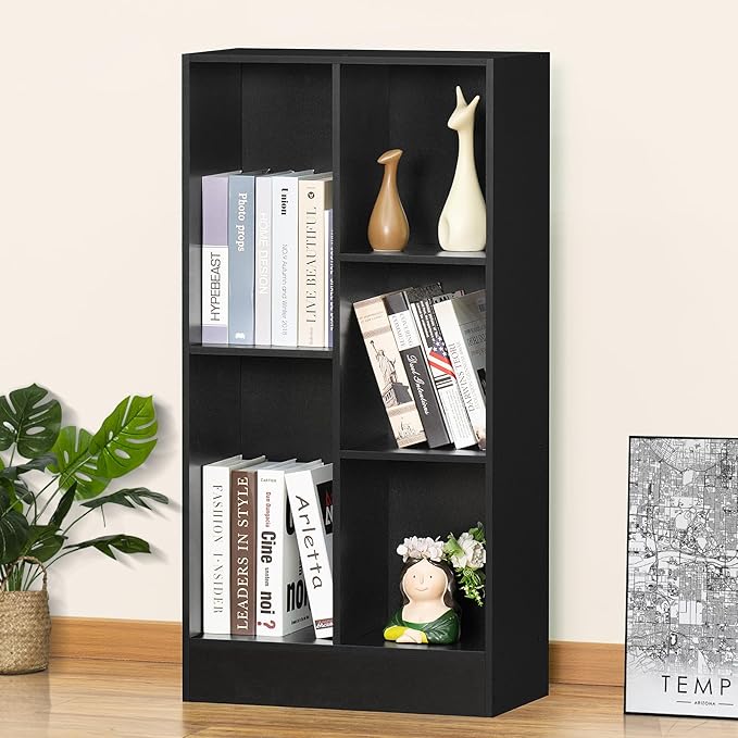 YAHARBO 5 Cube Black Bookshelf,Small Modern Horizontal Bookcase,Wood Floor Standing Low Bookshelves Display Storage Cabinet with Base, Short Book Shelf Open Organizer for Bedroom,Living Room,Office