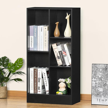 YAHARBO 5 Cube Black Bookshelf,Small Modern Horizontal Bookcase,Wood Floor Standing Low Bookshelves Display Storage Cabinet with Base, Short Book Shelf Open Organizer for Bedroom,Living Room,Office