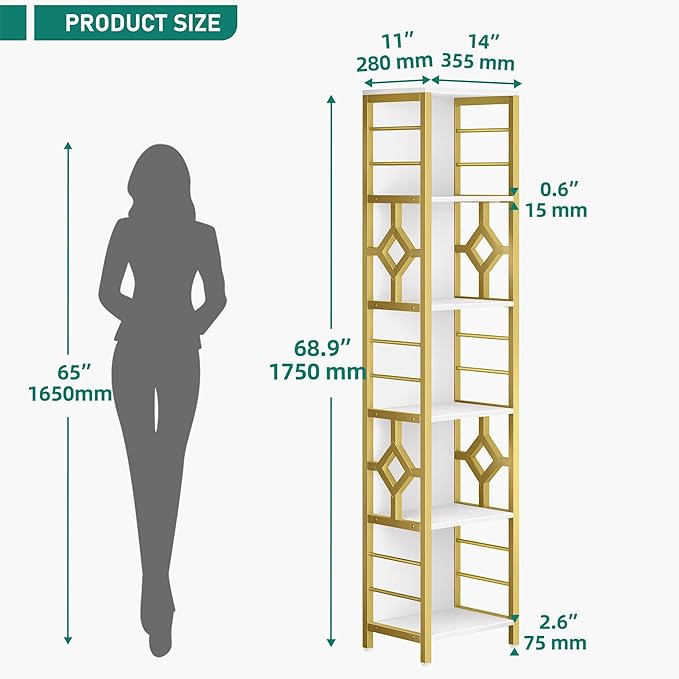 YITAHOME Narrow Bookshelf, 5-Tier White and Gold Book Shelf Storage Rack, Display Shelves Stand Etagere for Small Spaces, Open Bookcase for Bedroom Living Room Bathroom Kitchen, Gold