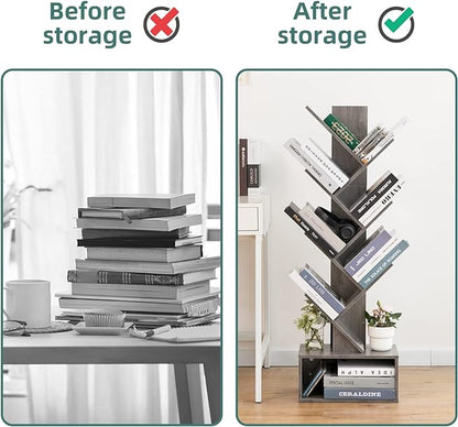 Yoobure Tree Bookshelf - 6 Shelf Retro Floor Standing Bookcase, Tall Wood Book Storage Rack for CDs/Movies/Books, Utility Book Organizer Shelves for Bedroom, Living Room, Home Office, Grey