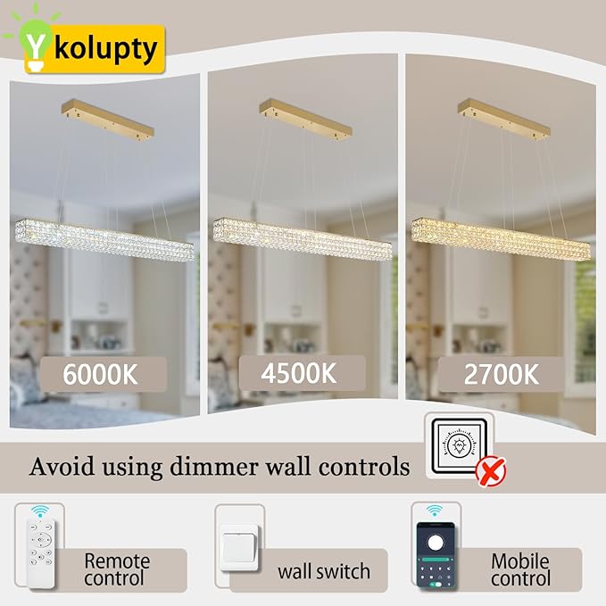 W48 Rectangular Gold Crystal Chandelier Modern Rectangle Pendant Ceiling Light Fixture for Living Room Dining Room Kitchen Island Bar