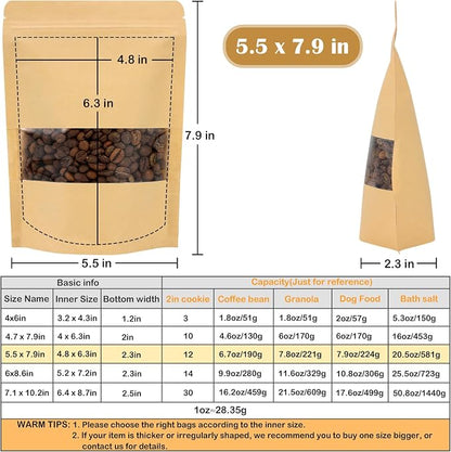 50 Pack Kraft Paper Resealable Bags with Clear Window (5.5 X 7.9 Inches) | Heat Sealable Stand Up Pouch Bags with Tear Notches for Small Business, Spices, Granola Storage