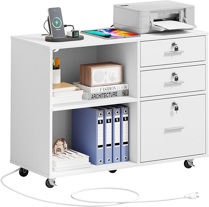 YITAHOME File Cabinet with Lock, 3 Drawer Filing Cabinet with Charging Station, Printer Stand with Storage, Office Pedestal Files for Hanging Files Letter/Legal/A4, White