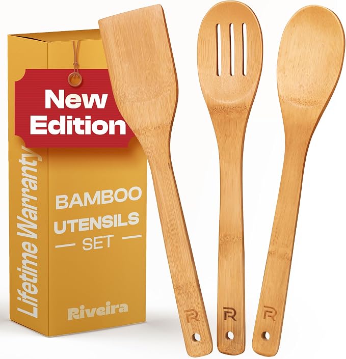 Riveira Bamboo Wooden Spoons for Cooking 3-Piece, Apartment Essentials Wood Spatula Spoon Nonstick Kitchen Utensil Set Premium Quality Housewarming Gifts for Everyday Use
