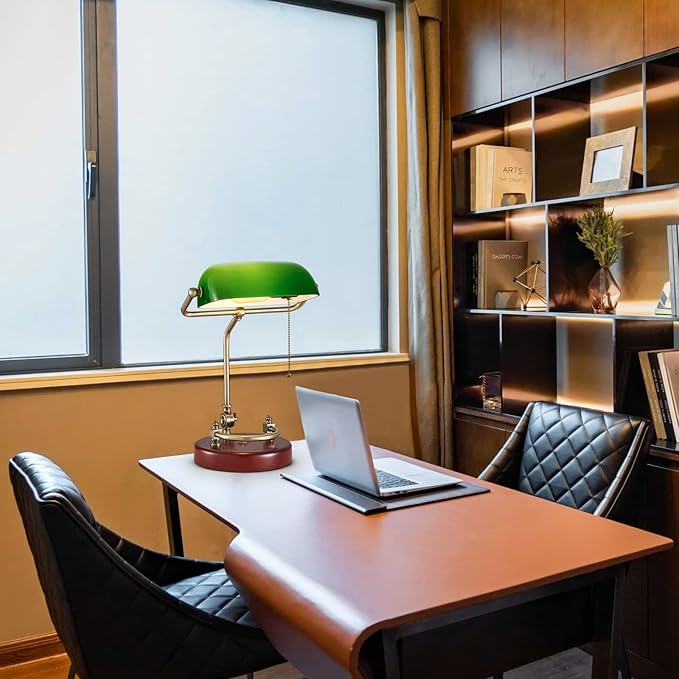 Green Bankers Desk lamp for Home Office Vintage Desk Retro lamp Workplace Lighting Piano Light Bedside lamp Pull Rope Switch，Glass lampshade，UL Certified lamp Holder, Wire