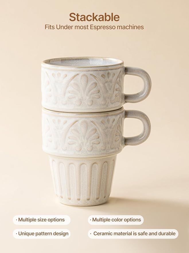 3.3 OZ Coffee Mugs, Ceramic Coffee Mug, Espresso Cups, Stackable Mug, Mug Set of 6, Coffee Cups for Tea Cocoa Cappuccino - Office Party Gathering, Great Gift for Birthday Housewarming Wedding, Beige