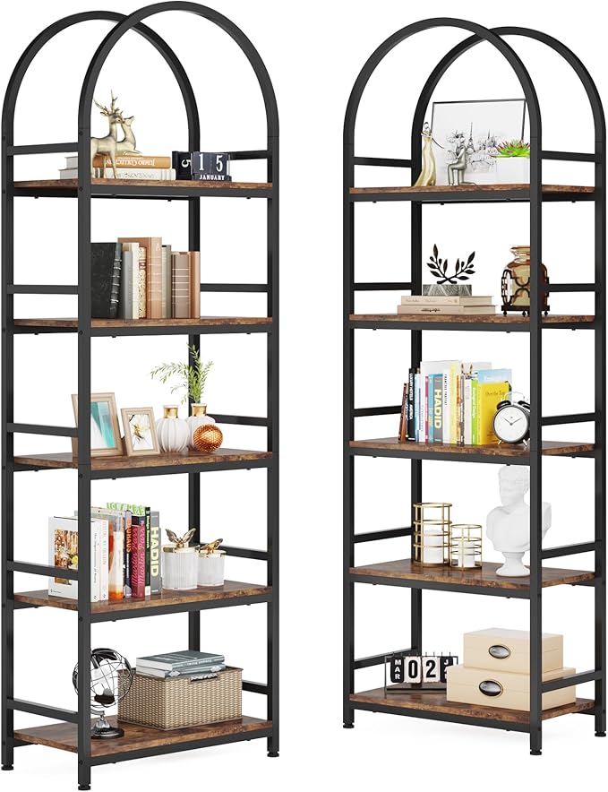 Tribesigns 5-Tier Open Bookshelf, 74.4" Wood Bookcase Storage Shelves with Metal Frame, Freestanding Display Rack Tall Shelving Unit for Office, Bedroom, Living Room, Easy Assembly(Brown, 2PCS)