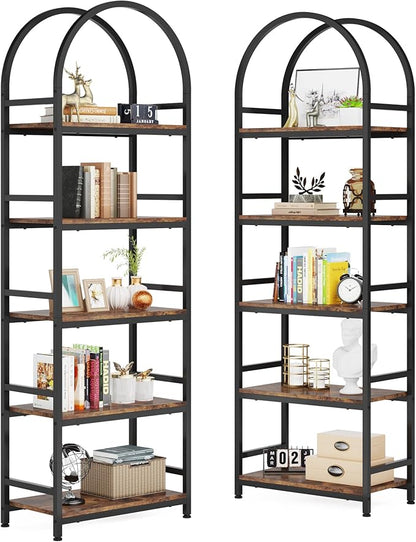 Tribesigns 5-Tier Open Bookshelf, 74.4" Wood Bookcase Storage Shelves with Metal Frame, Freestanding Display Rack Tall Shelving Unit for Office, Bedroom, Living Room, Easy Assembly(Brown, 2PCS)
