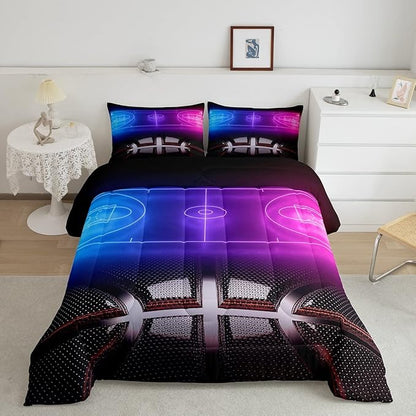 Erosebridal Sports Basketball Comforter Set for Boys Girls Neon Basketball Court Bedding Set King,Kids Ball Competitive Games Comforter Soft Lightweight Quilt Duvet Set 2 Pillow Cases Bedroom Decor
