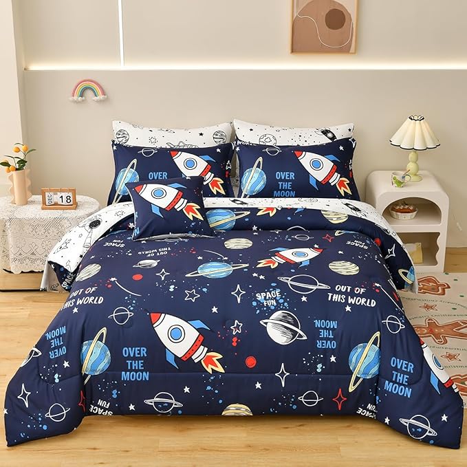 Rocket Comforter Set Full Size, 8 Piece Bed in a Bag Space Bedding Sets for Boys Girls Kids