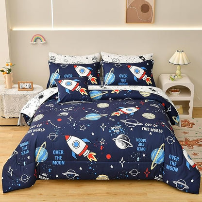8 Piece Kid Comforter Set Twin Size Bed in a Bag, Space Rocket Bedding Set for Teen Boys Girls