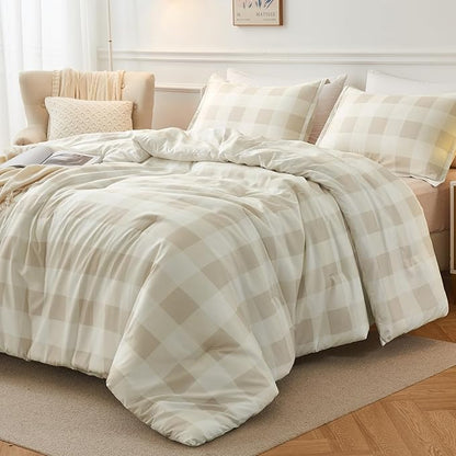 Andency Beige Grid Comforter Set Twin Size (66x90 Inch), 2 Pieces(1 Grid Comforter and 1 Pillowcase), Summer Lightweight Microfiber Down Alternative Beige Comforter for Kids Girls