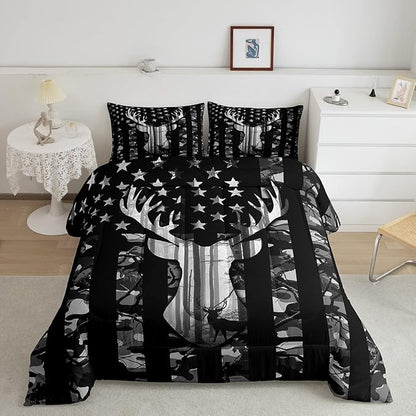 Manfei Deer Antlers Silhouette Comforter Set Twin,Camouflage American Flag Bedding Set, Wild Animal Natural Quilt Set 2 Pcs for Kids Teens Adults Room Decor,Black Grey Duvet Insert with 1 Pillowcase