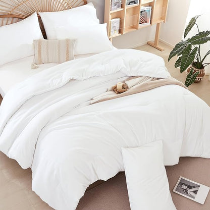 Queen Comforter Set White Comforter Boho Solid Color Bedding Comforter Set for All Season Soft lightweight Microfiber 3PCS Reversible Comforter Set (1 Comforter, 2 Pillowcases)