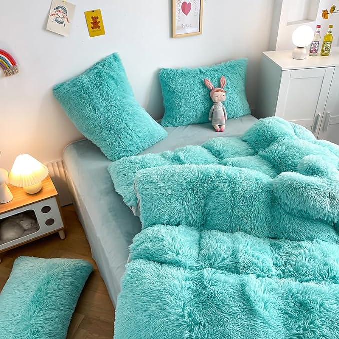 Faux Fur Kids Girls Sky Blue Comforter Sets King - 3PC Bed Set Warm Comfortable Soft Plush Flannel Velvet Fluffy Fuzzy Bedding（Comforter x 1 Pillowcases x 2）