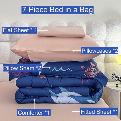 Boys Sharks Comforter Set Twin Size 7 Piece Cute Ocean Animal Jellyfish 3D Printed Bedding Set Bed in A Bag for Kids Girls Teens Lightweight Soft Bed Set All Seasons Navy Blue