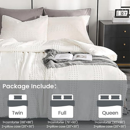 ENJOHOS White Full Size Comforter Bedding Set, 3 PCS Boho Comforter with Tufted Dots, Shabby Chic Bedding Comforter for All Season, Lightweight Fluffy Microfiber Comforter with 2 Pillowcases