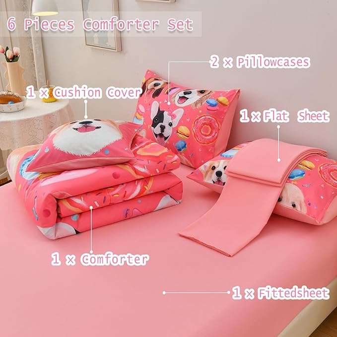 DORCAS Pink Girls Bedding Sets Full with Comforter and Sheets Cute Dog Comforter Set Full Girls,6 Pieces Animal Bedding Sets Full with Sheets for Kids