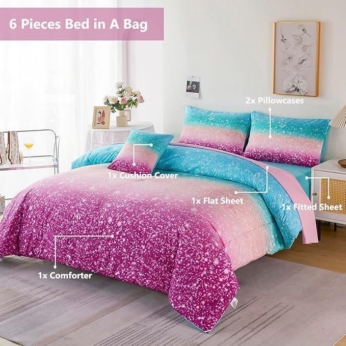 PERFEMET 6 Piece Full Size Comforter Sets for Teens Girls, Tie Dye Rainbow Ombre Bed in A Bag, Gradient Glitter Sparkle Bedroom Decor Bedding Set (Blue Teal Purple, Full)