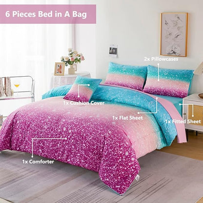 PERFEMET Queen Comforter Set with Sheets, 6 Pieces Tie Dye Rainbow Girls Bedding Set, Gradient Glitter Colorful Ombre Bed in A Bag (Aqua Teal Purple, Queen)