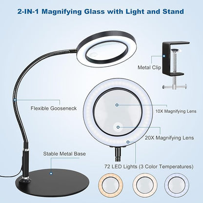 NZQXJXZ 2-in-1 Magnifying Glass with Light and Stand 20X 10X Magnifying Lamp with Large Base & Clamp, 72 LEDs, 3 Color Modes and10 Stepless Dimmable, Desk Magnifier for Hobbies, Reading, Jewelry