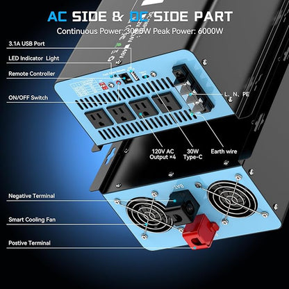 New Upgraded 24V 3000 Watts Pure Sine Wave Inverter, 24V DC to 110V/120V AC Power Inverter with 4 AC Outlets, USB Port, Type-C Port for Truck, Vehicle, Power Outage, Remote Control with LCD Screen