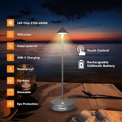 Cordless Table Lamp, Portable LED Desk Lamp 5200mAh Battery Operated, Waterproof Outdoor Lamp with Contact Charging Base, 13.8'' touch lamp for Home/Office/Bars/Coffee Shop Night Light (Grey