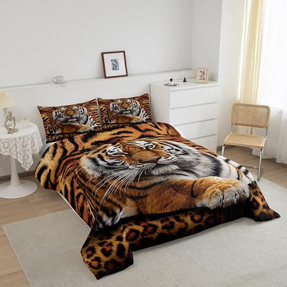 Manfei Tiger 3D Print Comforter Set Queen Size Wild Animals Bedding Set 3pcs for Kids Teens Room Decor,Animal Fur Quilt Set Soft Breathable Duvet Insert with 2 Pillowcases