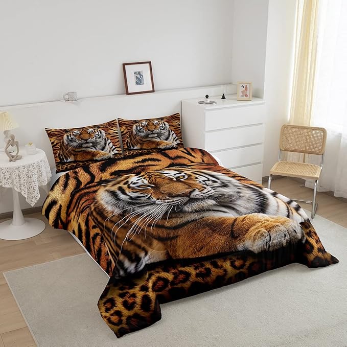 Tiger 3D Print Comforter Set Twin Size Wild Animals Bedding Set 2pcs for Kids Teens Room Decor,Animal Fur Quilt Set Soft Breathable Duvet Insert with 1 Pillowcase