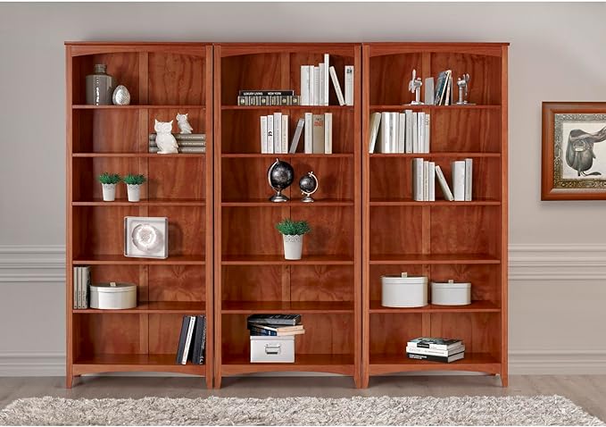 Camaflexi Shaker Style 6 Shelf Bookcase / Solid Wood / 72 inch Tall / Adjustable Shelving / Closed Back / Display Bookshelf for Living Room, Bedroom, Home and Office, Cherry