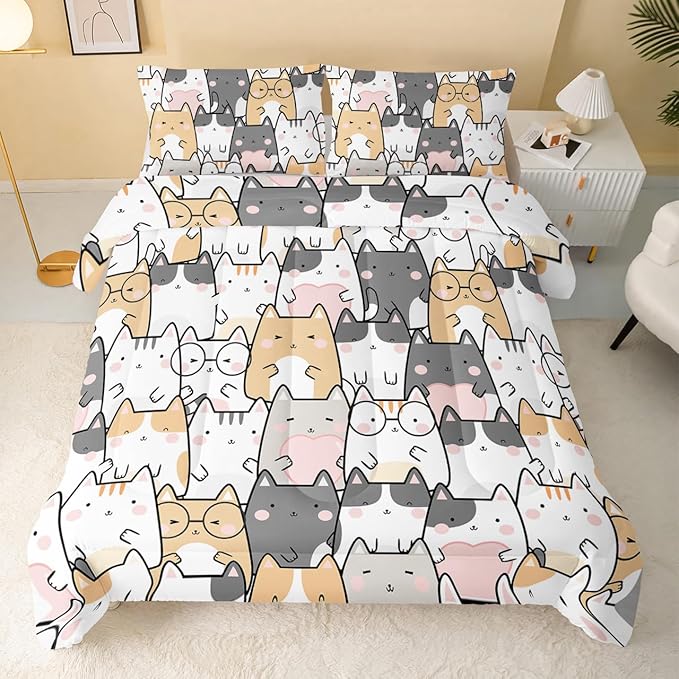 Kawaii Cat Comforter Twin Size,Cats Comforter Set for Kids Teens Girls Boys,3Pcs Bedding Set Printed Comforter with 2 Pillowcases,Down Alternative,Soft and Lightweight，Twin Size