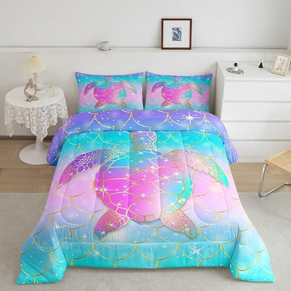 Erosebridal Mermaid Scales Comforter Set for Girls, Tortoise Reptile Bedding Set Full Size, Sea Turtle Ocean Life Duvet Sets for Kids Children Boys Women, Sweet Girly Down Comforter, Teal Blue