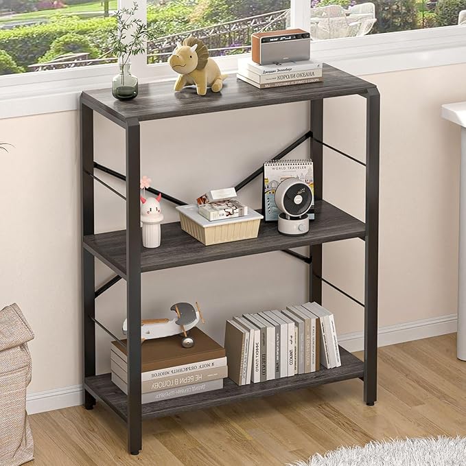 FOLUBAN Industrial Small Bookshelf, 3 Tier Low Short Book Shelf, Metal and Wood BookCase for Small Spaces, Bedroom Living Room, Dark Gray