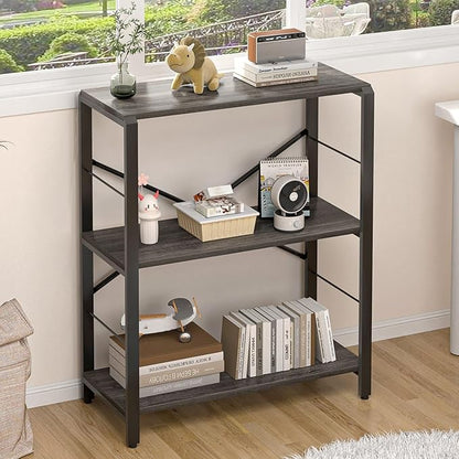 FOLUBAN Industrial Small Bookshelf, 3 Tier Low Short Book Shelf, Metal and Wood BookCase for Small Spaces, Bedroom Living Room, Dark Gray