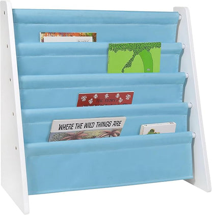 Wildkin Kids Canvas Sling Bookshelf for Boys and Girls, Wooden Design Features Four Fabric Shelves, Keep Bedrooms, Playrooms, and Classrooms Organized, an Ideal Kids Bookshelf (White w/Aqua)
