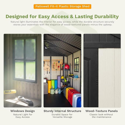 Patiowell 8 x 10 FT Resin Outdoor Storage Shed with Floor and Light, Large Plastic Barn with Lockable Door for Garden Tools, Backyard, Bike Storage, Easy Installation in Beige (Kick-it Shed)