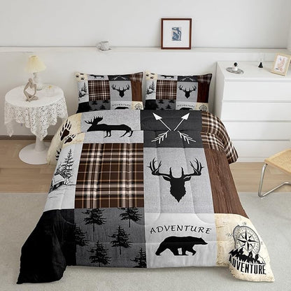 Deer Antler Comforter Set King Size,Bear Paw Pine Trees Rustic Farmhouse Bedding Set for Boys Girls Adults Room Decor,Geometric Plaids Arrows Down Comforter,Brown Retro Duvet Insert,2 Pillowcases