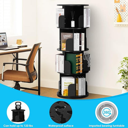 4 Tier Rotating Bookshelf kids, Small Corner Bookshelf for Small Space, 360 Display Floor Standing Bookcase Storage Rack, Wood Narrow Book Shelf Organizer for Home Office,Bedroom, Living Room