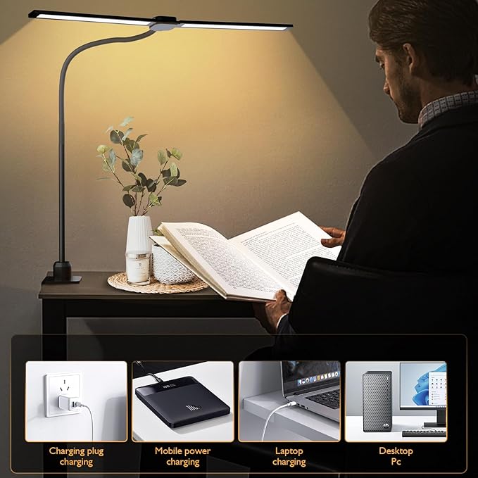 Desk Lamp,20W Ultra Bright Auto Dimming Desk Light Stepless Dimming and Tempering LED Desk Lamp,Dual Screen Computer Monitor Gooseneck Smart Light,5 adjustable lighting modes for Office Home