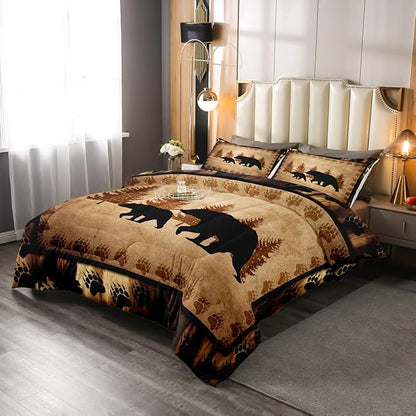 Bear Comforter Set Twin Size Farmhouse Wild Animal Comforter Retro Bear Family Bedding Set for Kids Boys Girls Brown Bear Paws Duvet Set Rustic Bedroom Decor Quilted Set 2Pcs