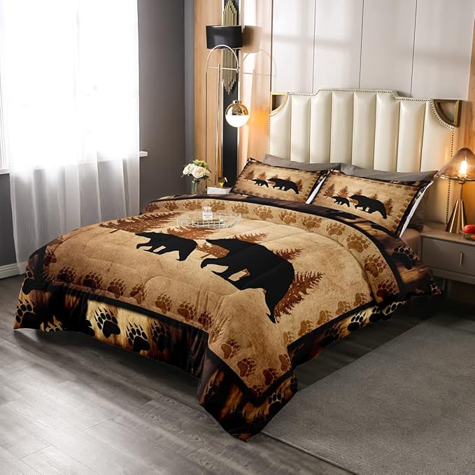 Bear Comforter Set Queen Size Farmhouse Wild Animal Comforter Retro Bear Family Bedding Set for Kids Boys Girls Brown Bear Paws Duvet Set Rustic Bedroom Decor Quilted Set 3Pcs