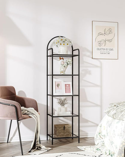 Bookcase Bookshelf, Tempered Glass Bookshelves, Slim Shelving Unit for Bedroom, Bathroom, Home Office, Steel Frame, 5 Tier Black BC05001B