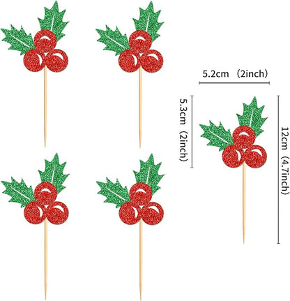 24 Pack Christmas Holly Leaves Cupcake Toppers Picks Christmas Eve Party Cake Baby Shower Birthday Party Cake Decoration Supplies