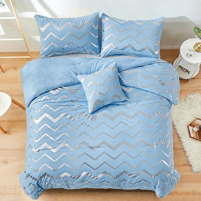 King Comforter Set Blue/Silver Metallic Print Glitter Bedding Set Cute Shinny Bed Sets for Teen Girls Kids Women, 4 Piece (2 Pillowcases, 1 Decorative Pillow Sham)