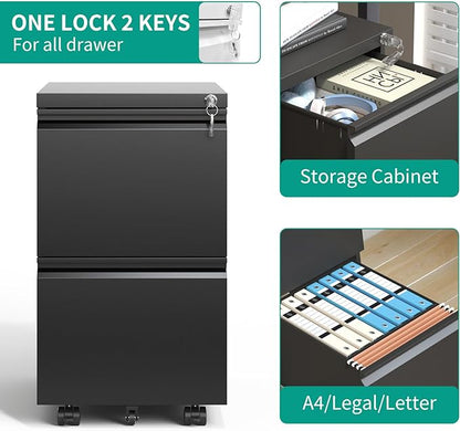 2 Drawer Mobile File Cabinet with Lock,Under Desk Metal Filing Cabinet for Home Office,Metal Small Rolling File Cabinet with 2 Keys for Legal/Letter/A4 Size Fully Assembled Except Wheels (Black)