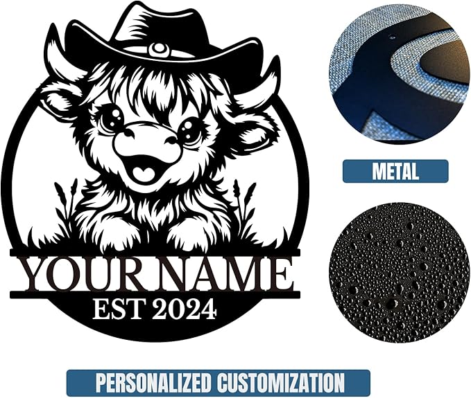 Personalized Highland Cow Name metal Signs,Custom Highland Cow Metal Shed Wall Decor,Black Metal Wall Art Plaques Outdoor wall Decorative Signage (Style A)