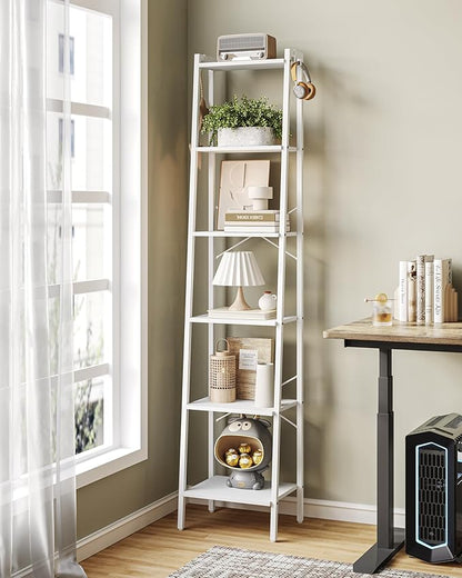 Ladder Shelf, Bookshelf Bookcase, Freestanding Corner Storage Shelve with 2 Hooks for Home Office, Living Room, Kitchen, Bedroom, Industrial, 6-Tier White BC13313W
